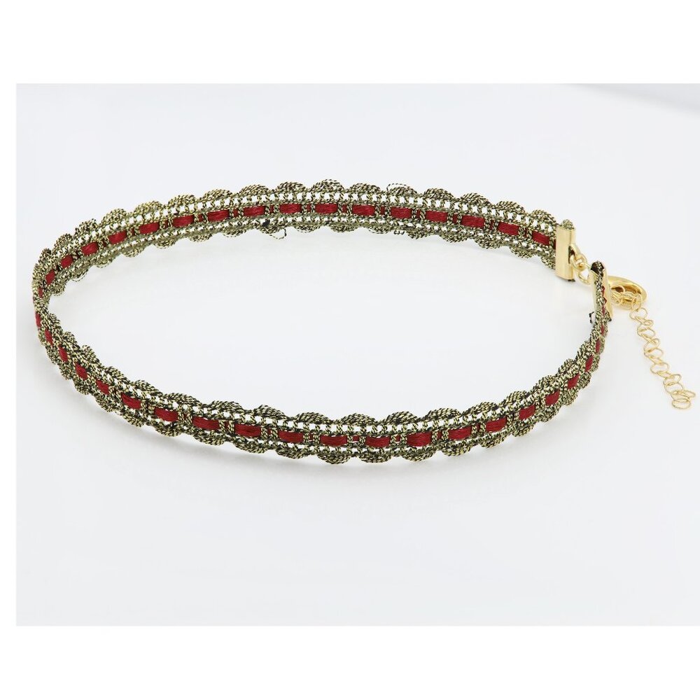 Gold Tone Lace Choker - Adjustable Choker 12.5' - 15' inch Red and Gold choker - Picture 7 of 11